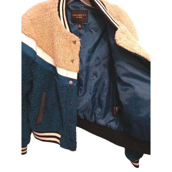 Celebrity Pink Jacket Faux Fur Varsity Bomber Teddy Coat Green Beige Women Sz L - Picture 9 of 16